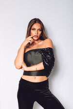 Load image into Gallery viewer, Black Corset Top with Wet Look Shoulder Wrap
